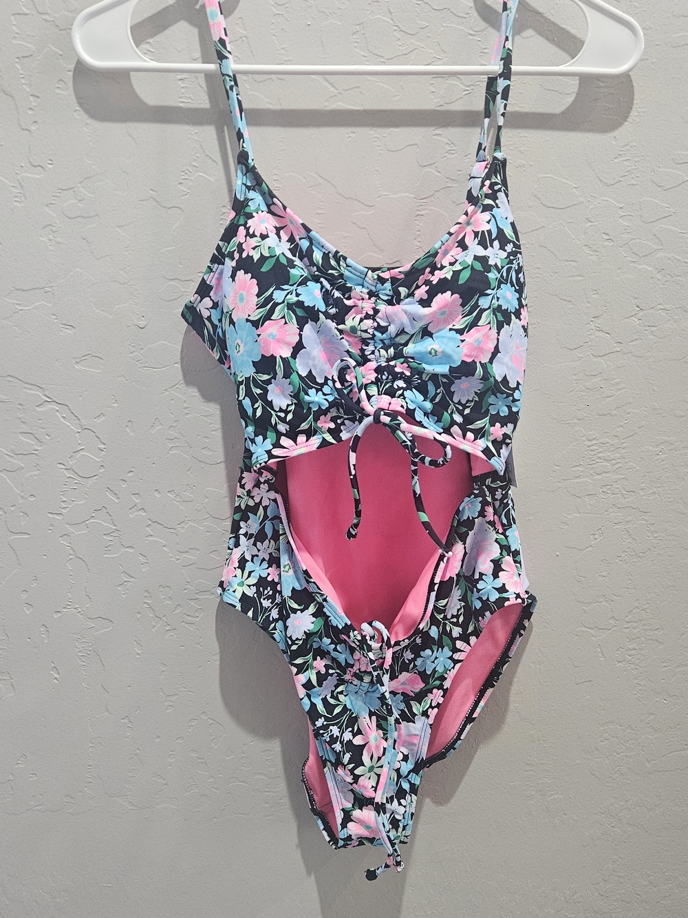 Womens Floral Cutout One-Piece Swimsuit - Pink & Teal